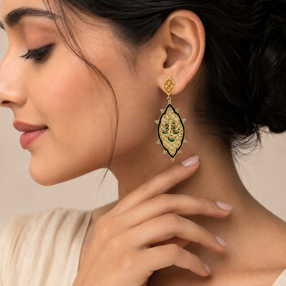 Royal Style Ethnic Gold Plated Black, Green, Red & Blue Enamel Meenakari Round Dangle Earrings for Women & Girls BIE1059
