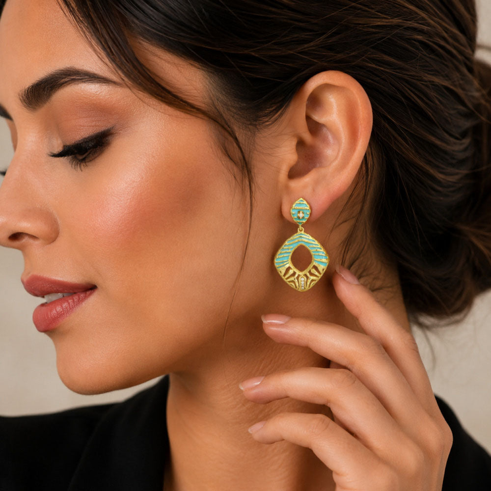 Designer 18K Gold Plated Black, Red, Green, Blue Enamel Square Statement Earrings for Women & Girls BIE1060