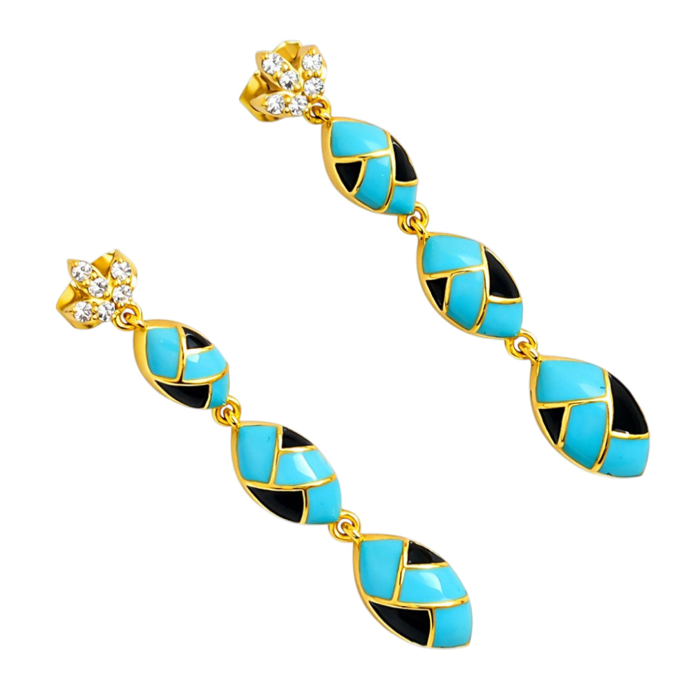 Trendy 18K Gold Plated Turquoise Blue, Green, Red & Black Enamel Long Designer Earrings for Women BIE1061