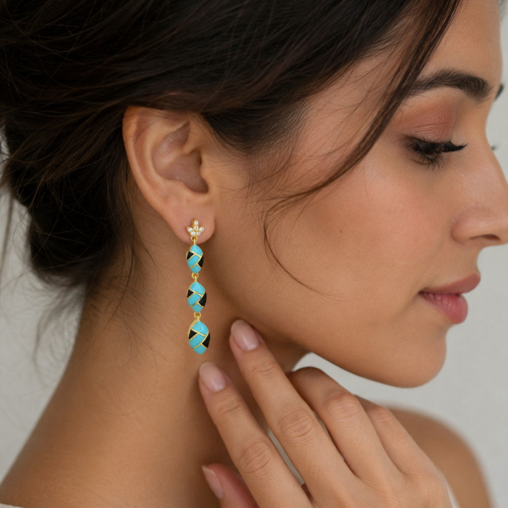 Trendy 18K Gold Plated Turquoise Blue, Green, Red & Black Enamel Long Designer Earrings for Women BIE1061