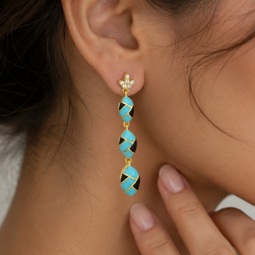 Trendy 18K Gold Plated Turquoise Blue, Green, Red & Black Enamel Long Designer Earrings for Women BIE1061
