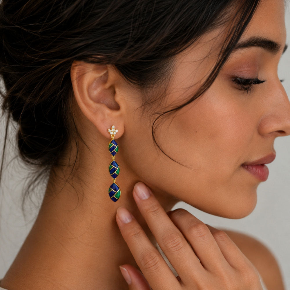 Trendy 18K Gold Plated Turquoise Blue, Green, Red & Black Enamel Long Designer Earrings for Women BIE1061