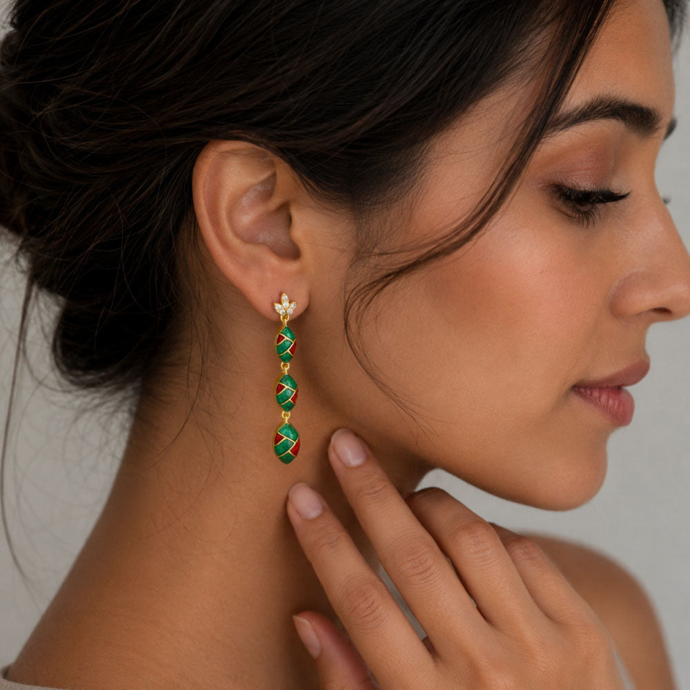 Trendy 18K Gold Plated Turquoise Blue, Green, Red & Black Enamel Long Designer Earrings for Women BIE1061