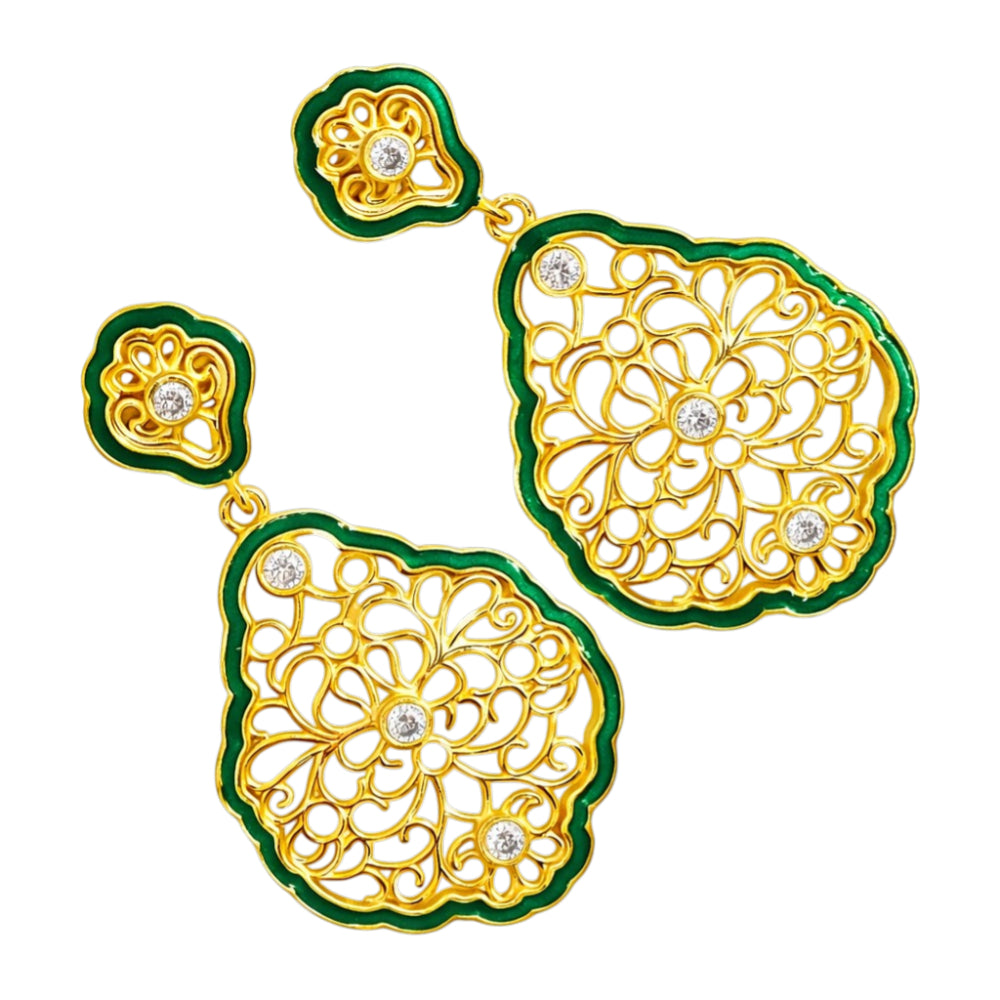 Elegant 18K Gold Plated Green Enamel Floral Designer Drop Earrings for Women BIE1062
