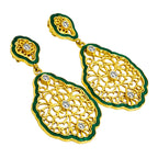 Elegant 18K Gold Plated Green Enamel Floral Designer Drop Earrings for Women BIE1062