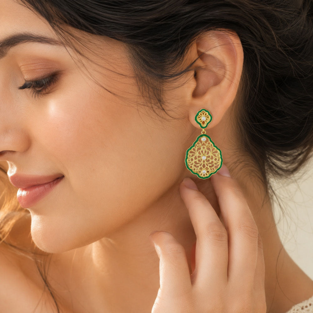 Elegant 18K Gold Plated Green Enamel Floral Designer Drop Earrings for Women BIE1062
