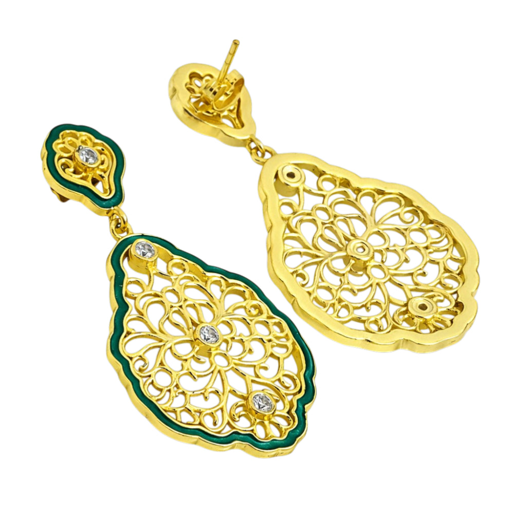 Elegant 18K Gold Plated Green Enamel Floral Designer Drop Earrings for Women BIE1062