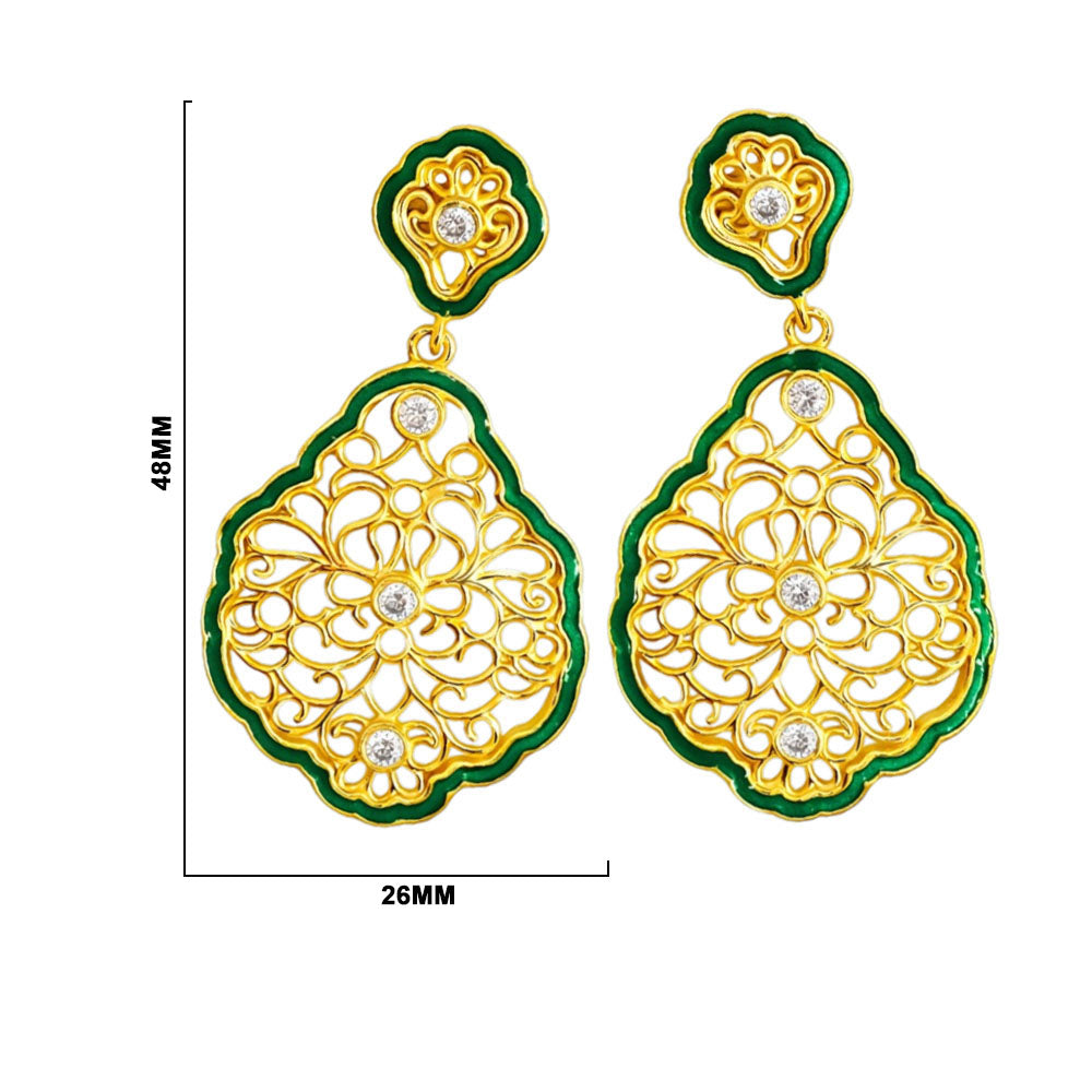 Elegant 18K Gold Plated Green Enamel Floral Designer Drop Earrings for Women BIE1062