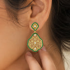 Elegant 18K Gold Plated Green Enamel Floral Designer Drop Earrings for Women BIE1062
