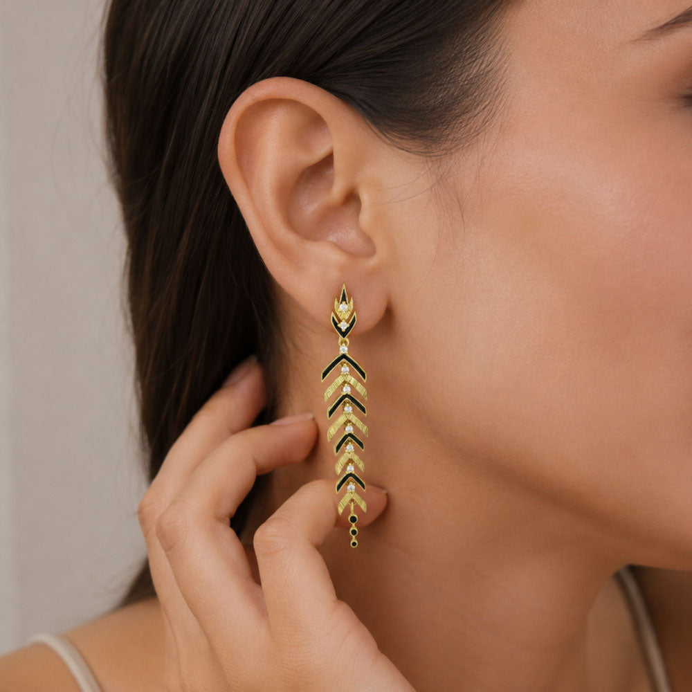 Stylish Gold Plated Black, Green, Red Enamel Leaf Long Designer Earrings for Women BIE1063