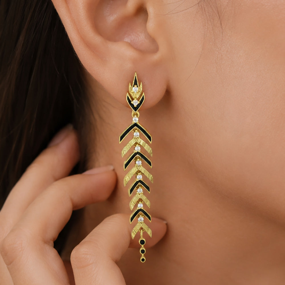 Stylish Gold Plated Black, Green, Red Enamel Leaf Long Designer Earrings for Women BIE1063