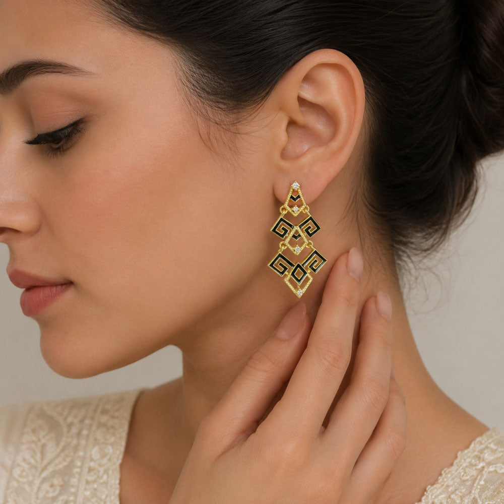 Modern Gold Plated Black Enamel Statement Earrings for Women & Girls BIE1064