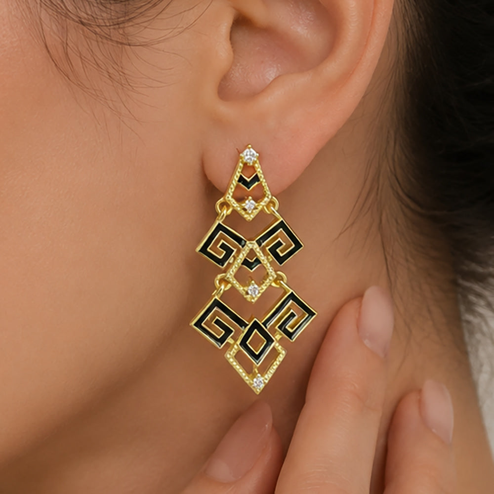 Modern Gold Plated Black Enamel Statement Earrings for Women & Girls BIE1064