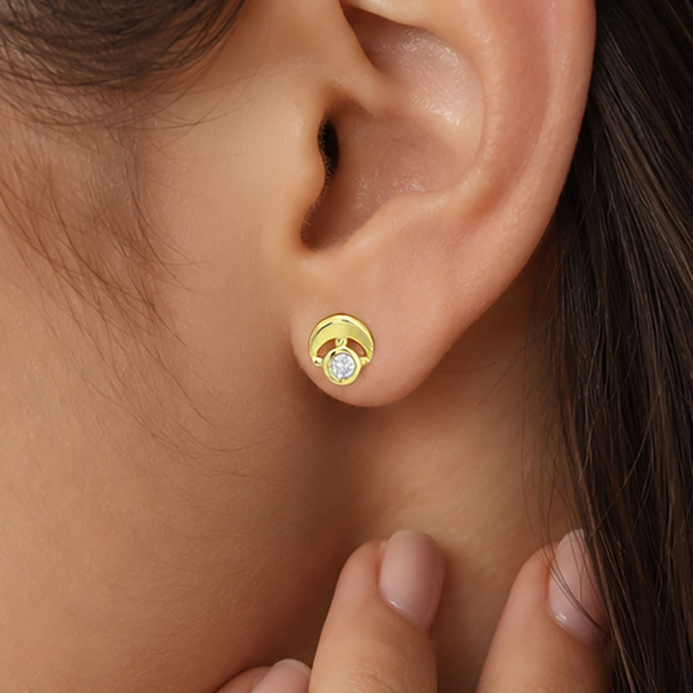 18K Gold Plated Colorful Stone Geometric Half-Moon Stud Earrings for Women BIE1066