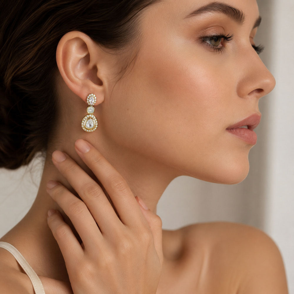 18K Gold Plated Halo Crystal Teardrop Earrings for Wedding & Festive Jewelry BIE1069