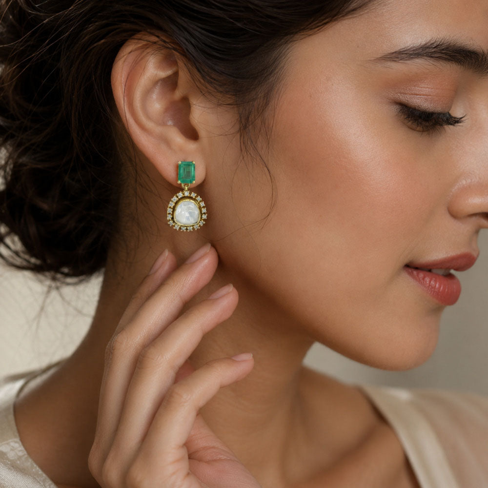 Royal 18K Gold Plated Colorful Gemstone Kundan Polki Halo Drop Earrings for Women BIE1070