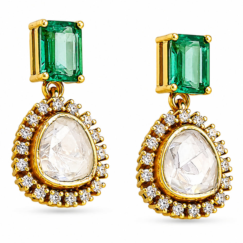 Royal 18K Gold Plated Colorful Gemstone Kundan Polki Halo Drop Earrings for Women BIE1070