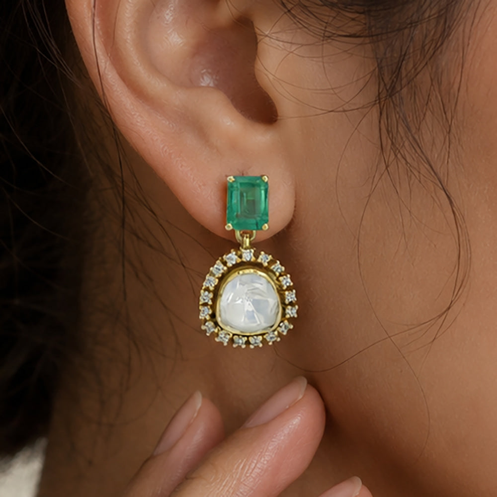 Royal 18K Gold Plated Colorful Gemstone Kundan Polki Halo Drop Earrings for Women BIE1070