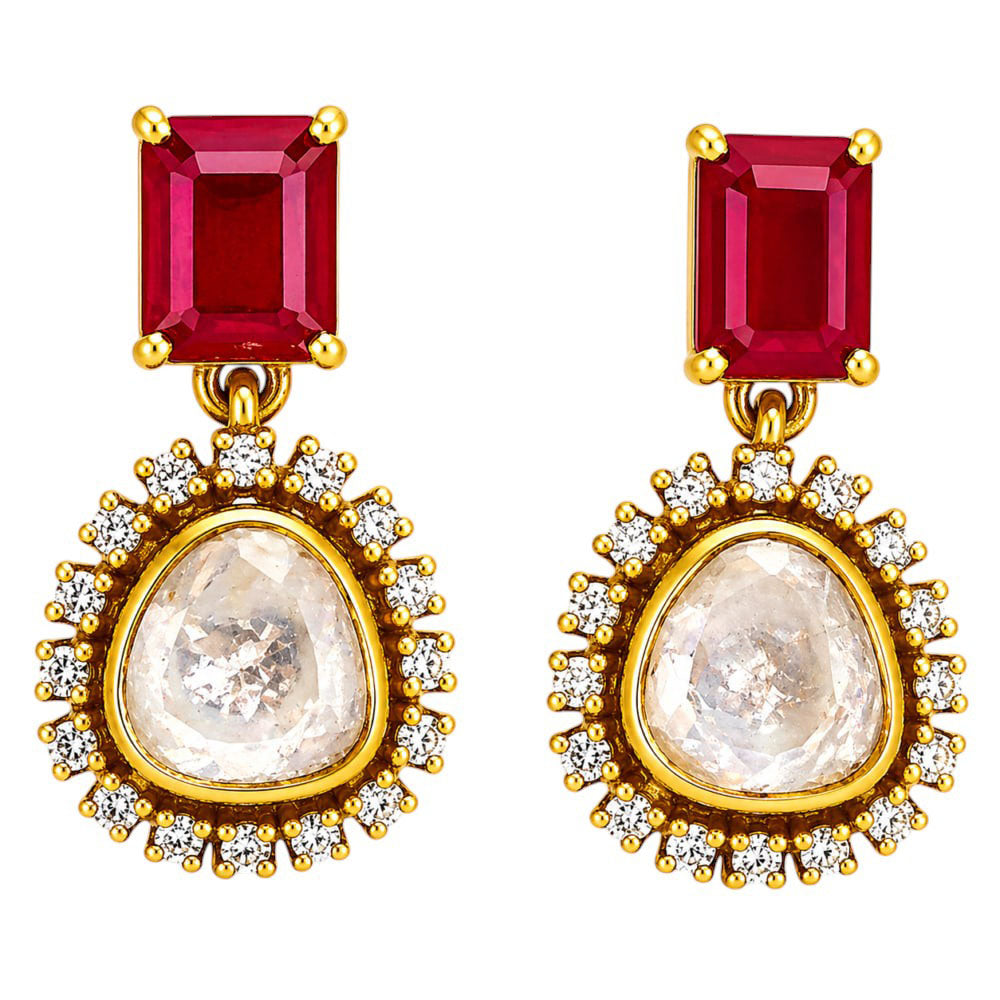 Royal 18K Gold Plated Colorful Gemstone Kundan Polki Halo Drop Earrings for Women BIE1070