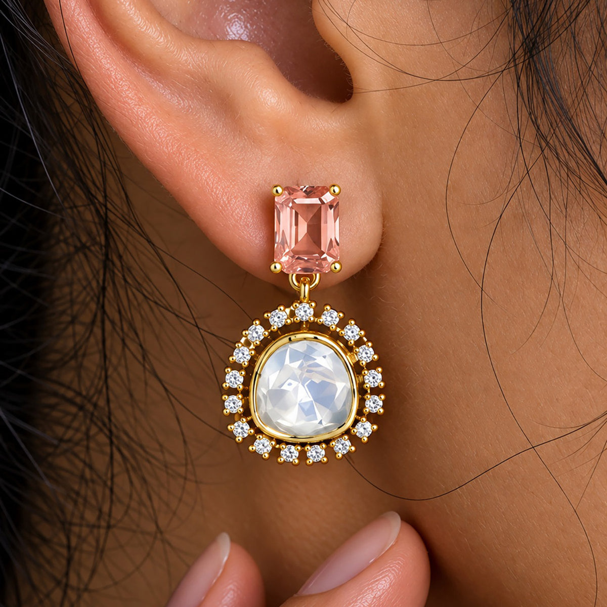 Royal 18K Gold Plated Colorful Gemstone Kundan Polki Halo Drop Earrings for Women BIE1070
