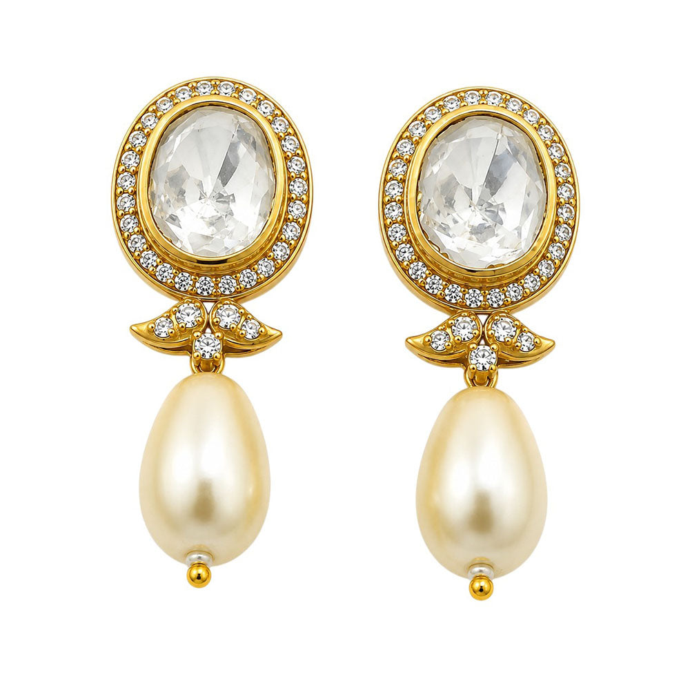 18K Gold Plated Royal Polki Crystal Statement Pearl Drop Earrings for Women BIE1071