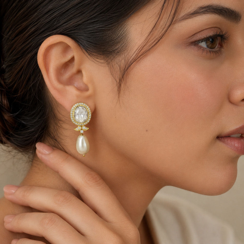 18K Gold Plated Royal Polki Crystal Statement Pearl Drop Earrings for Women BIE1071