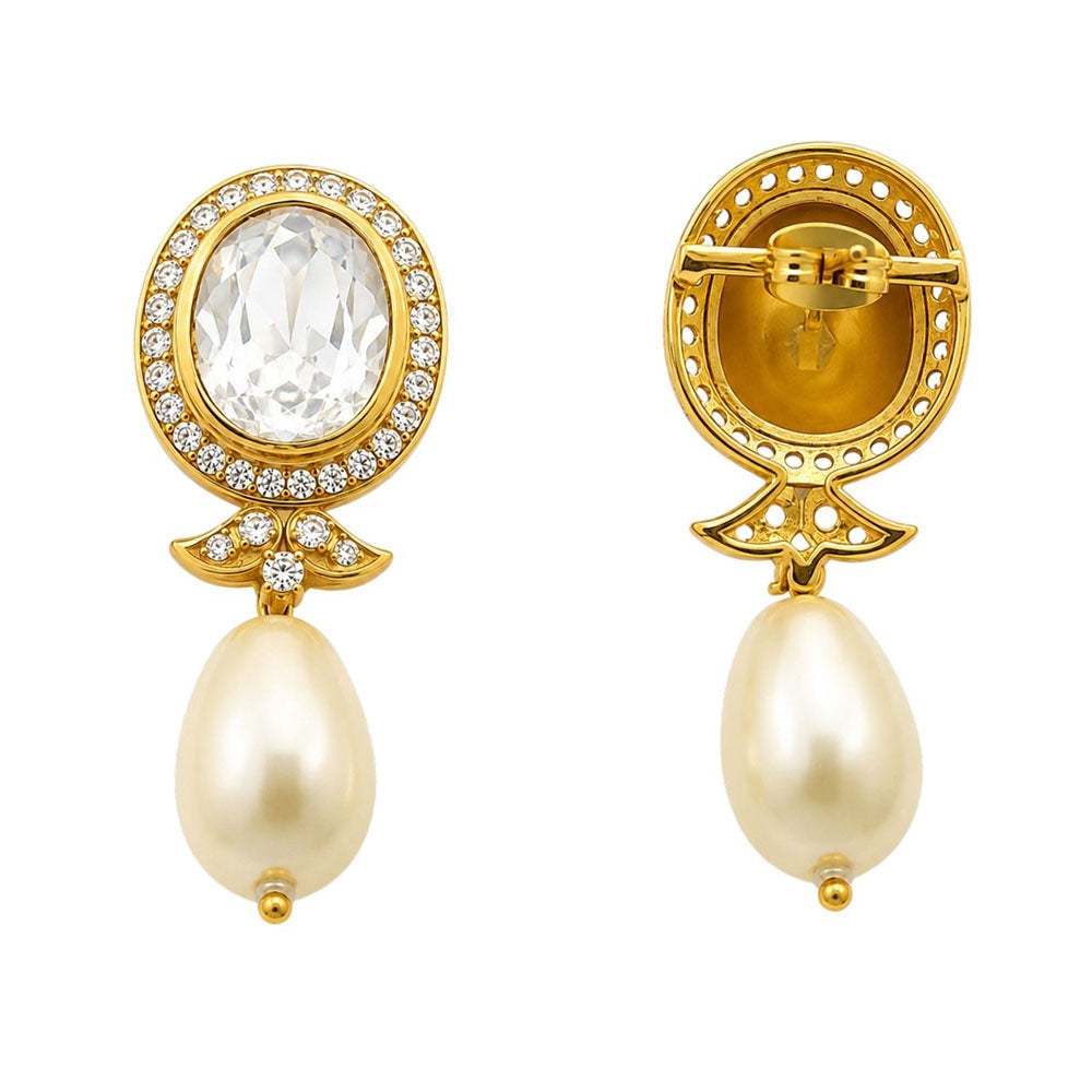 18K Gold Plated Royal Polki Crystal Statement Pearl Drop Earrings for Women BIE1071