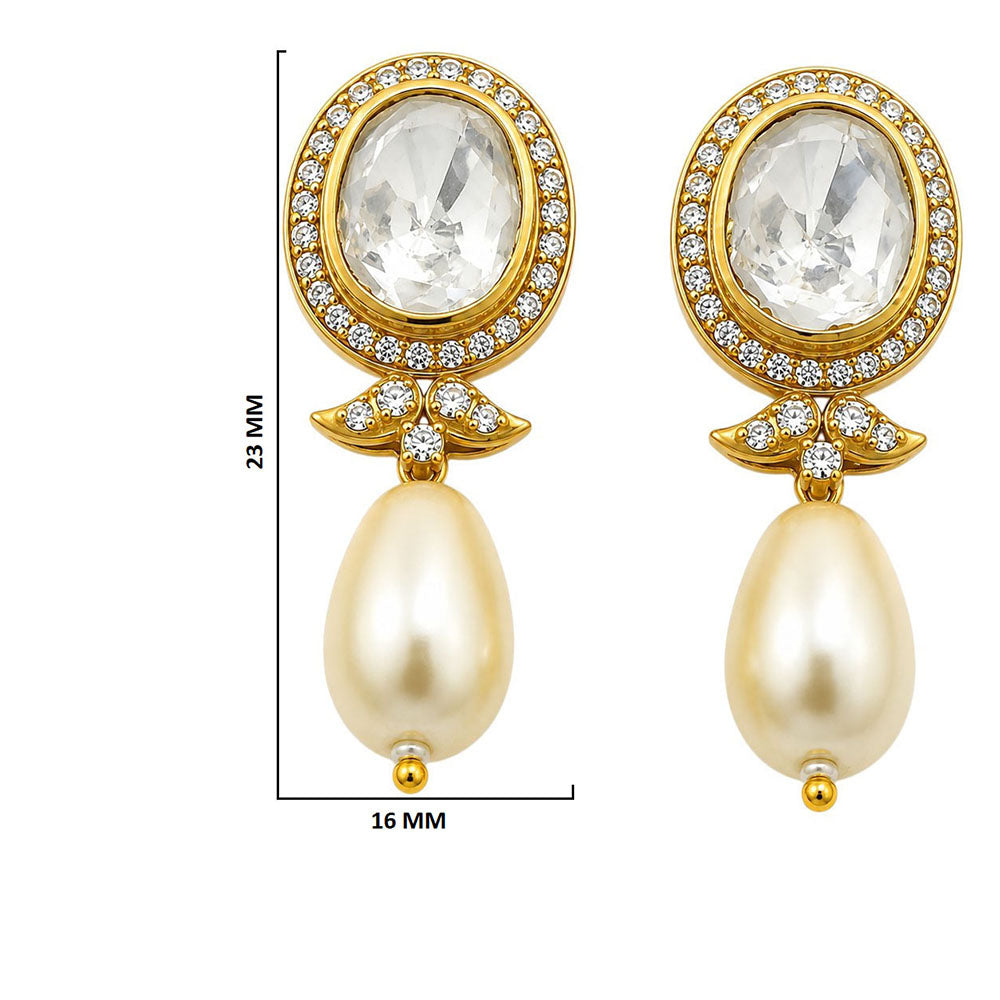 18K Gold Plated Royal Polki Crystal Statement Pearl Drop Earrings for Women BIE1071
