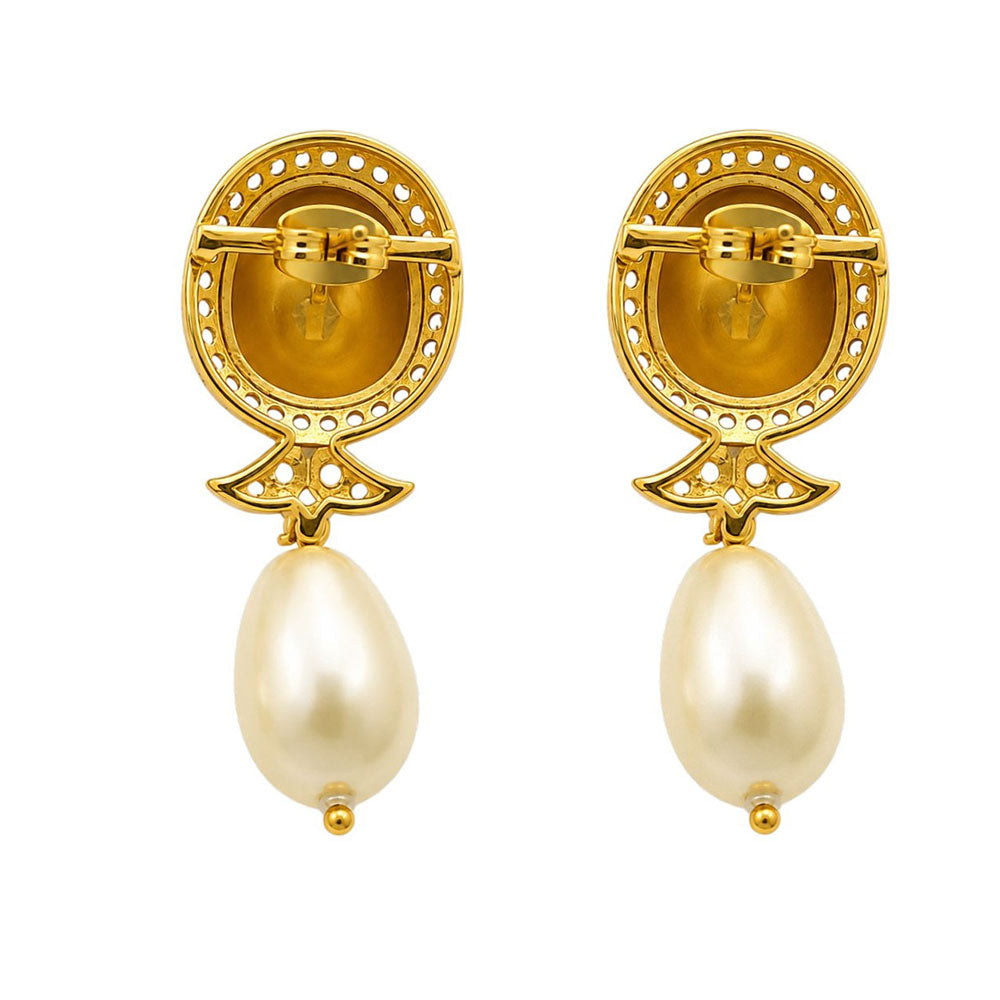 18K Gold Plated Royal Polki Crystal Statement Pearl Drop Earrings for Women BIE1071