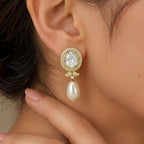 18K Gold Plated Royal Polki Crystal Statement Pearl Drop Earrings for Women BIE1071