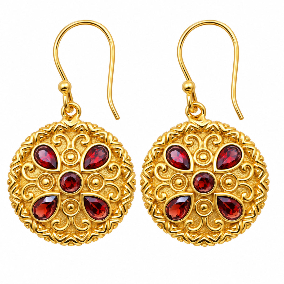 Traditional Intricate Ethnic Floral Design Gold Plated Red and Purple Stone Round Dangle Earrings for Women BIE1072