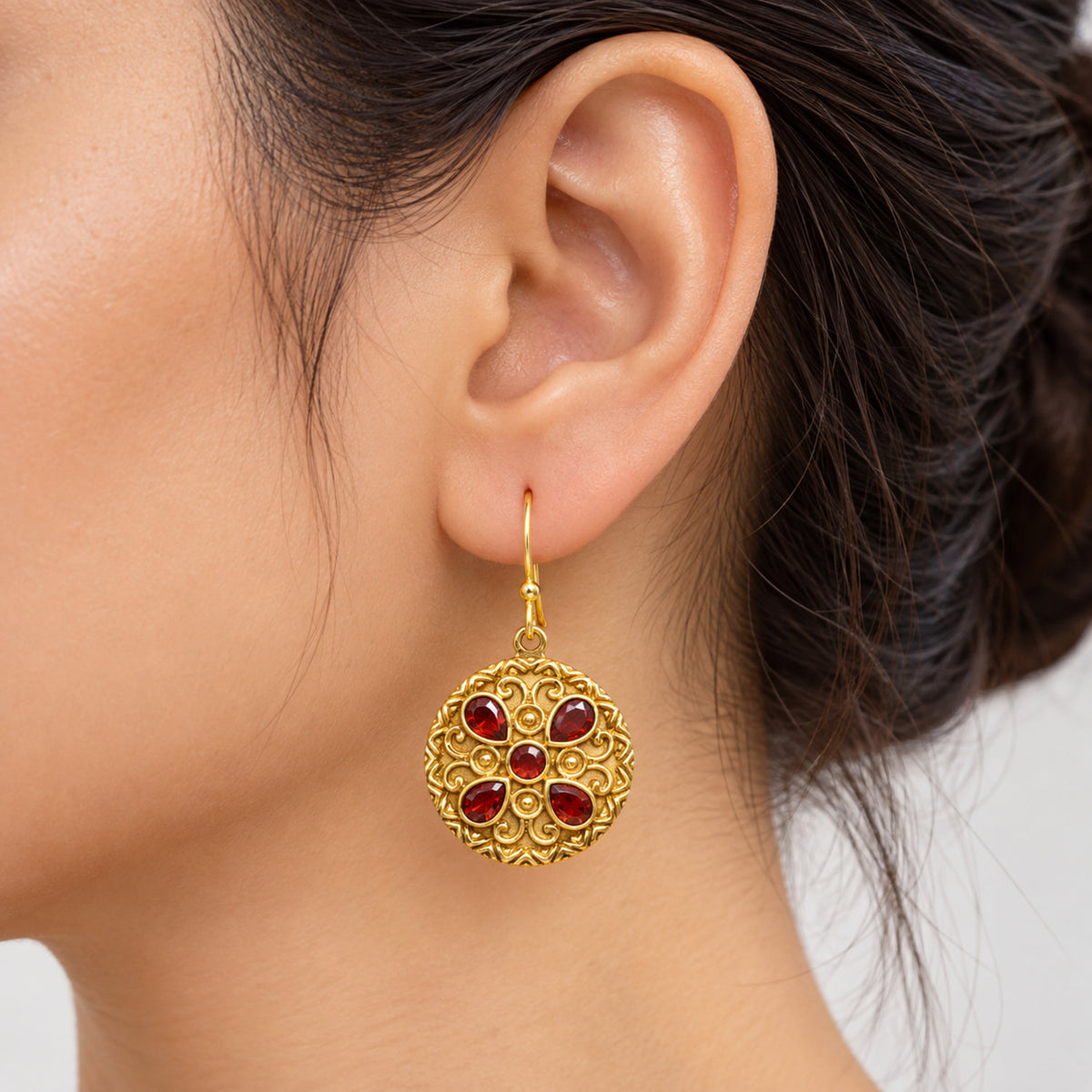 Traditional Intricate Ethnic Floral Design Gold Plated Red and Purple Stone Round Dangle Earrings for Women BIE1072
