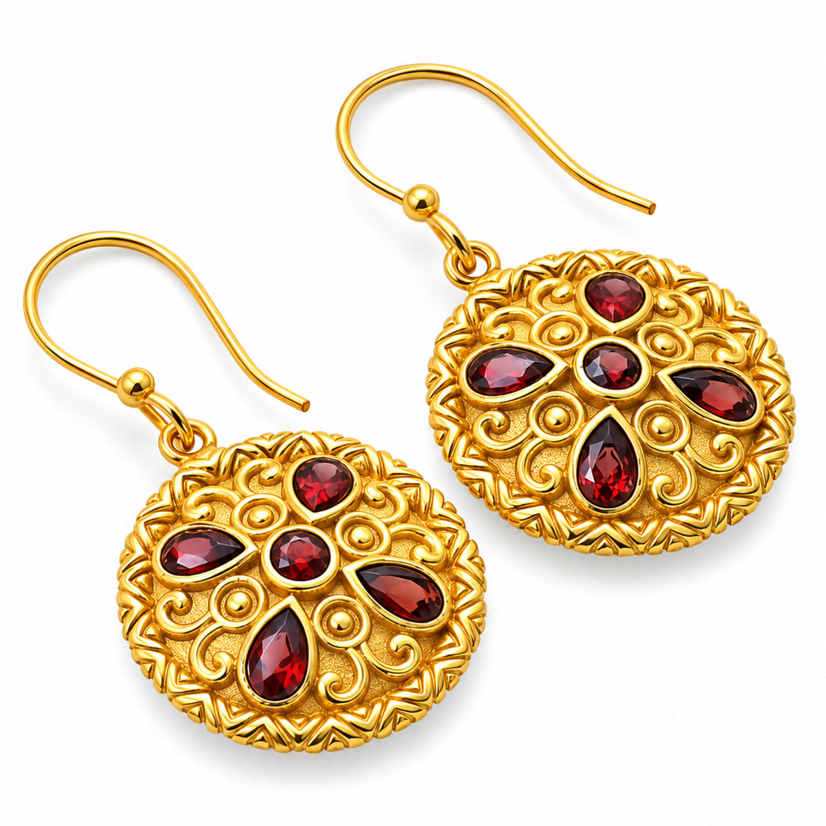Traditional Intricate Ethnic Floral Design Gold Plated Red and Purple Stone Round Dangle Earrings for Women BIE1072
