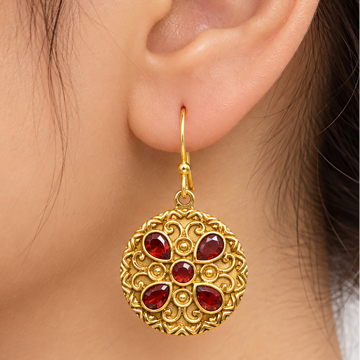 Traditional Intricate Ethnic Floral Design Gold Plated Red and Purple Stone Round Dangle Earrings for Women BIE1072