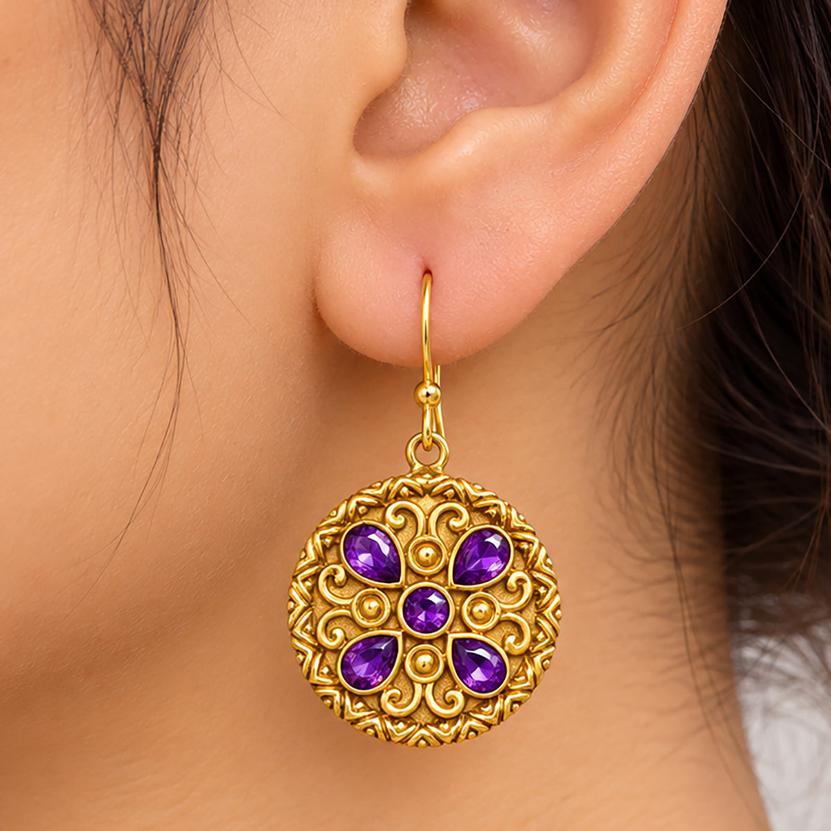 Traditional Intricate Ethnic Floral Design Gold Plated Red and Purple Stone Round Dangle Earrings for Women BIE1072