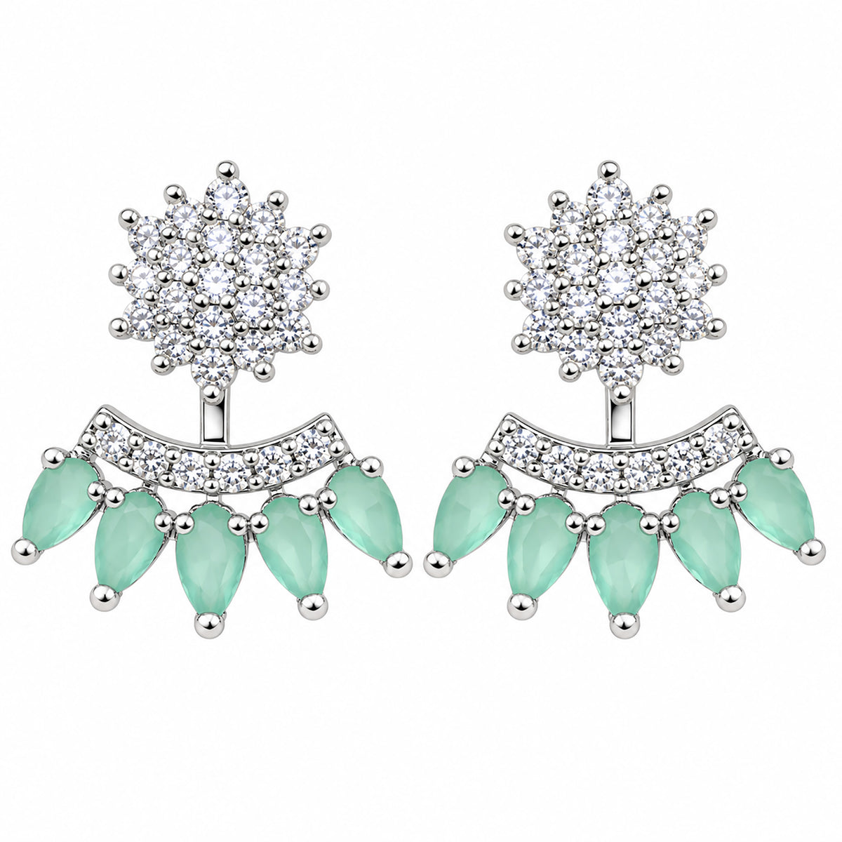 Silver Tone Drop Earrings with Sparkling White Crystal Stones & Mint Green or Pink Teardrop Gemstones for Women BIE1073