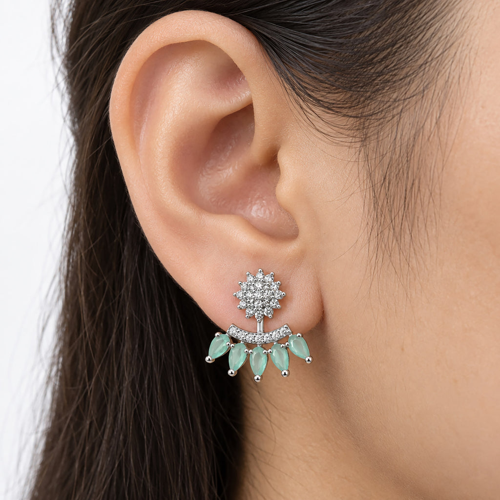 Silver Tone Drop Earrings with Sparkling White Crystal Stones & Mint Green or Pink Teardrop Gemstones for Women BIE1073