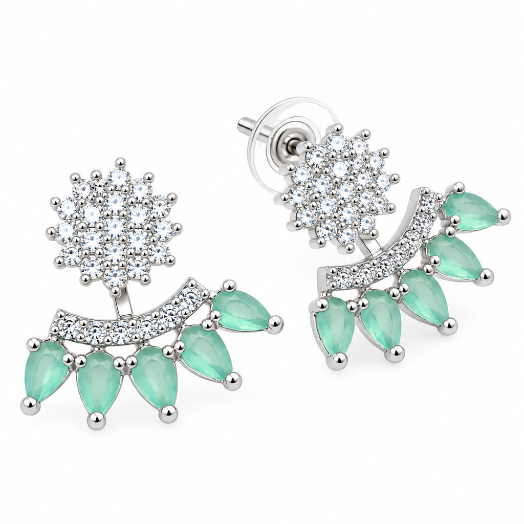 Silver Tone Drop Earrings with Sparkling White Crystal Stones & Mint Green or Pink Teardrop Gemstones for Women BIE1073