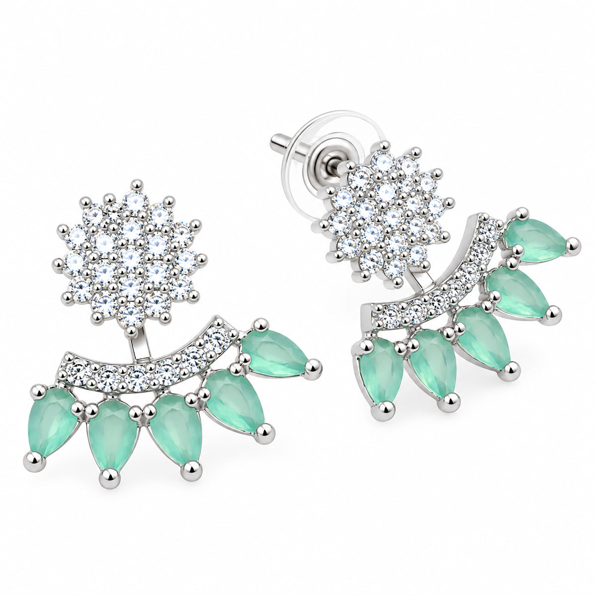 Silver Tone Drop Earrings with Sparkling White Crystal Stones & Mint Green or Pink Teardrop Gemstones for Women BIE1073