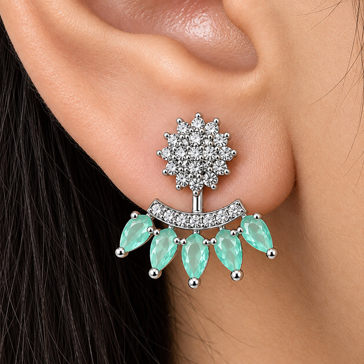 Silver Tone Drop Earrings with Sparkling White Crystal Stones & Mint Green or Pink Teardrop Gemstones for Women BIE1073