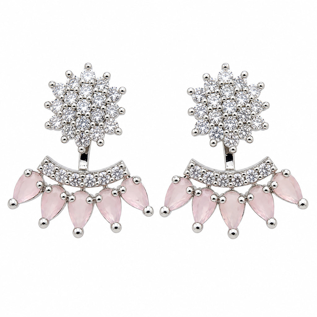 Silver Tone Drop Earrings with Sparkling White Crystal Stones & Mint Green or Pink Teardrop Gemstones for Women BIE1073