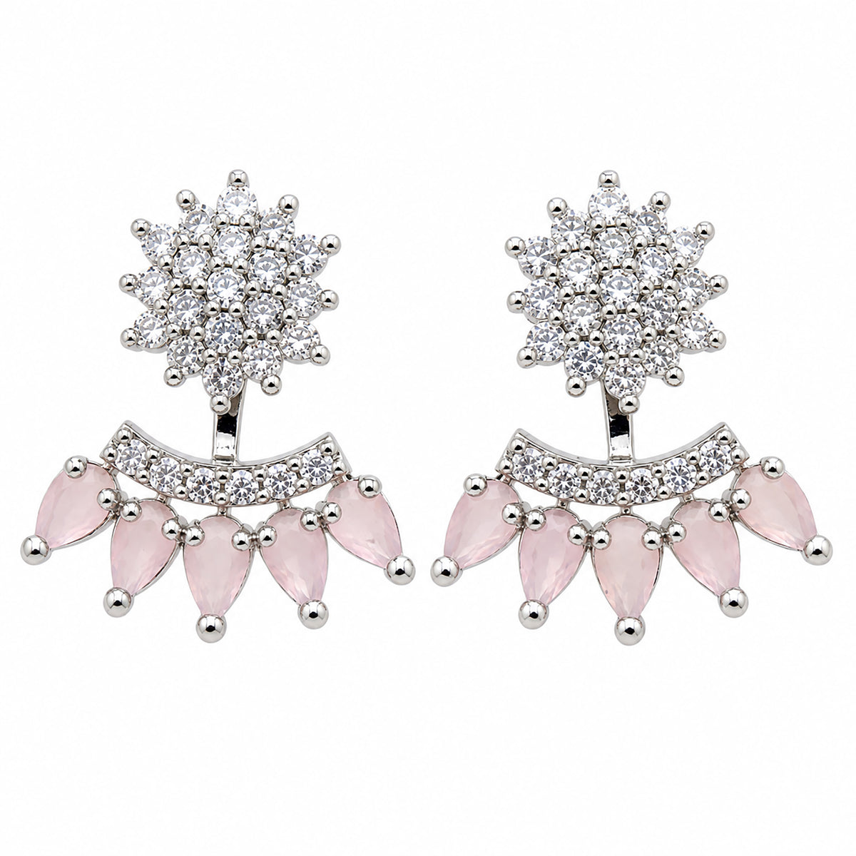 Silver Tone Drop Earrings with Sparkling White Crystal Stones & Mint Green or Pink Teardrop Gemstones for Women BIE1073