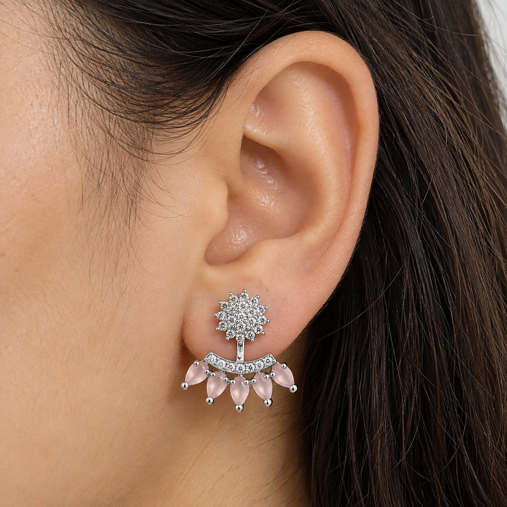 Silver Tone Drop Earrings with Sparkling White Crystal Stones & Mint Green or Pink Teardrop Gemstones for Women BIE1073
