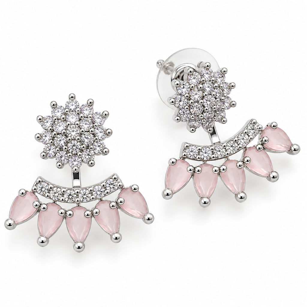 Silver Tone Drop Earrings with Sparkling White Crystal Stones & Mint Green or Pink Teardrop Gemstones for Women BIE1073