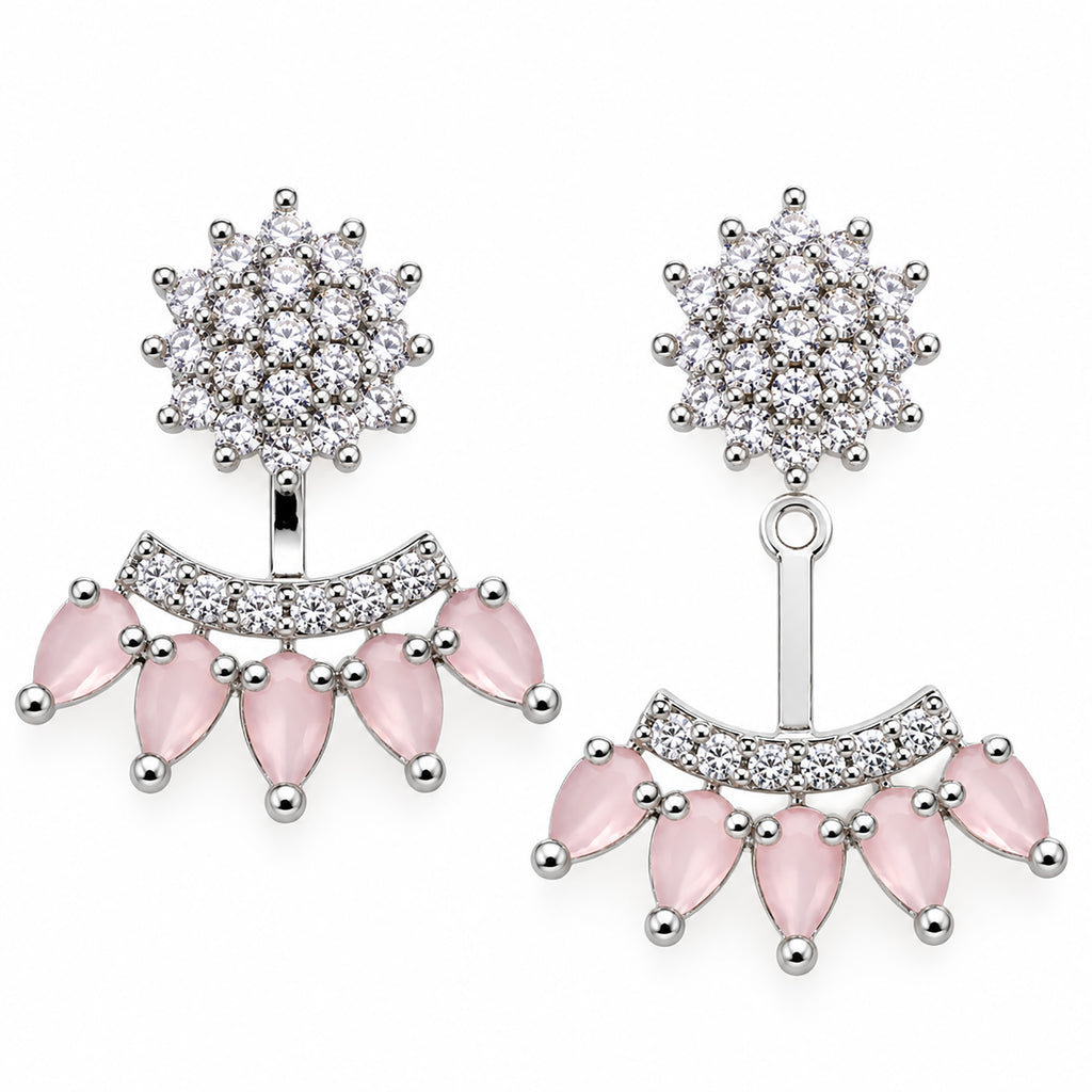 Silver Tone Drop Earrings with Sparkling White Crystal Stones & Mint Green or Pink Teardrop Gemstones for Women BIE1073
