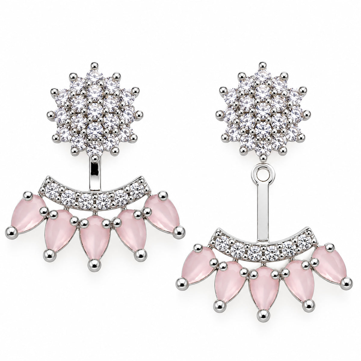 Silver Tone Drop Earrings with Sparkling White Crystal Stones & Mint Green or Pink Teardrop Gemstones for Women BIE1073