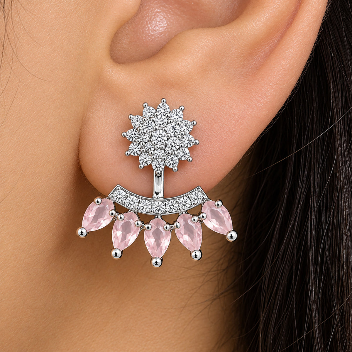 Silver Tone Drop Earrings with Sparkling White Crystal Stones & Mint Green or Pink Teardrop Gemstones for Women BIE1073