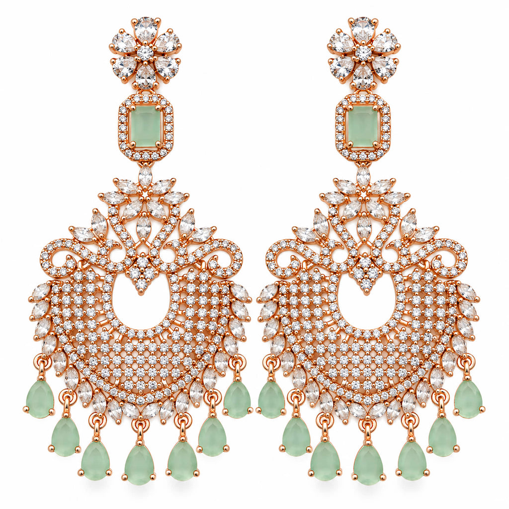 Rose Gold Plated Kundan Chandbali Earrings with Mint Green Stone Drops & Sparkling White Crystals for Women, Wedding and Festive Wear BIE1074_A