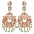 Rose Gold Plated Kundan Chandbali Earrings with Mint Green Stone Drops & Sparkling White Crystals for Women, Wedding and Festive Wear BIE1074_A
