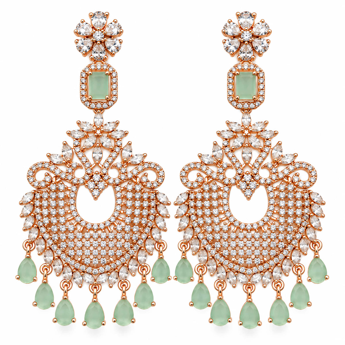 Rose Gold Plated Kundan Chandbali Earrings with Mint Green Stone Drops & Sparkling White Crystals for Women, Wedding and Festive Wear BIE1074_A